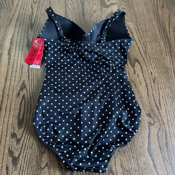 Spanx Underwire Shaping One Piece Ruched Swim Suit Black White Polka Dot Size 14 - Picture 2 of 11